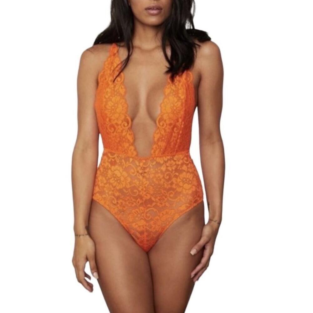 FREE PEOPLE x HAH Lace Bodysuit Sz XS Burn Orange Feminine Party Resort Boho NWT